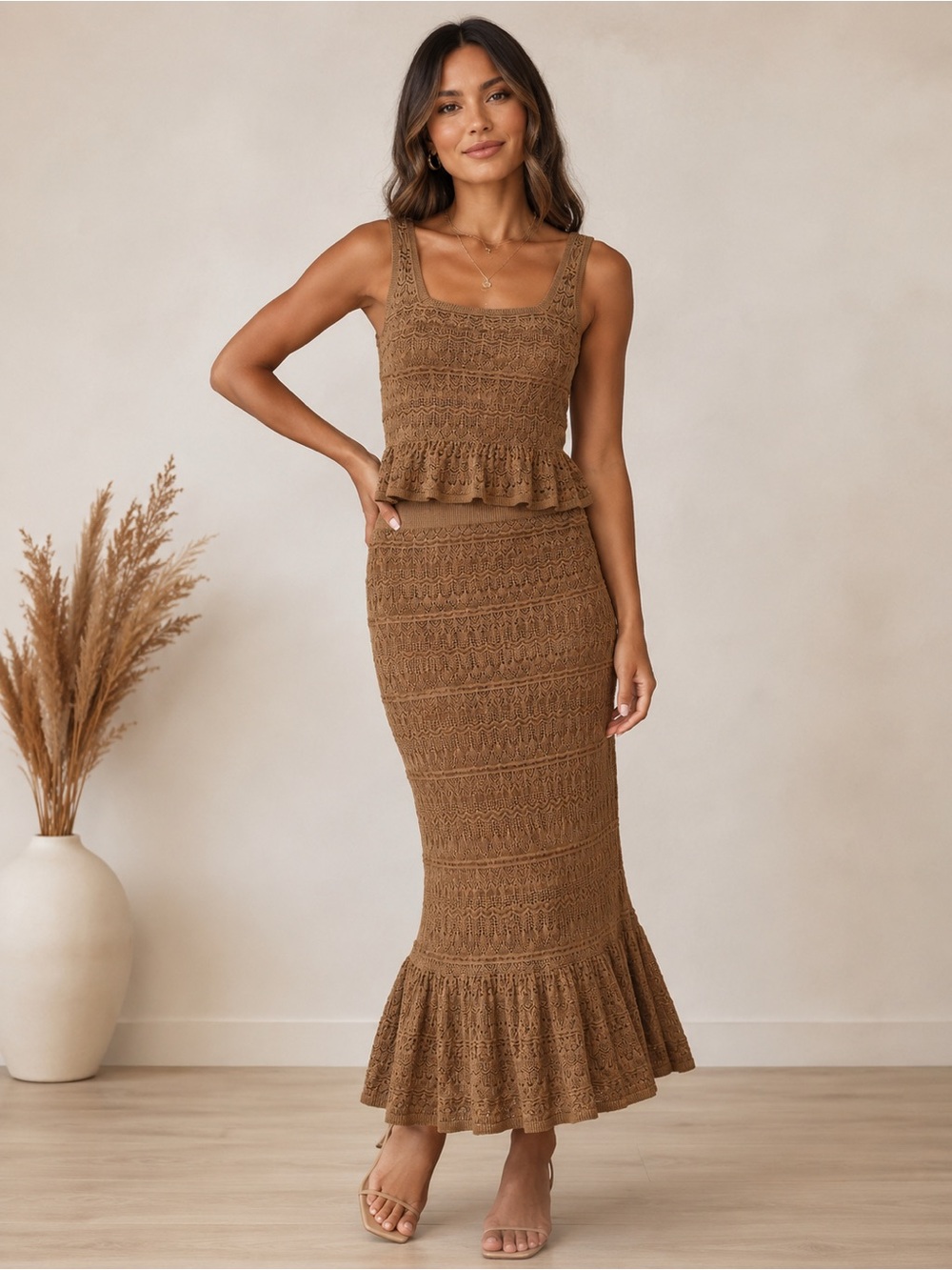 House of Harlow 1960 Brown Crochet Knit Top and Skirt (Set)
